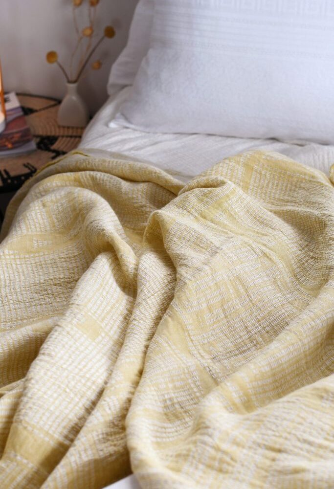 Alternative view of Bogolan Bed Throw           Colour:  Yellow/White
